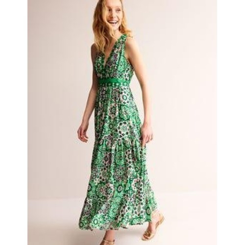 Boden Cotton Maxi Tie Dress Women 6 V-Neck Boho Preppy Vacation Vibrant